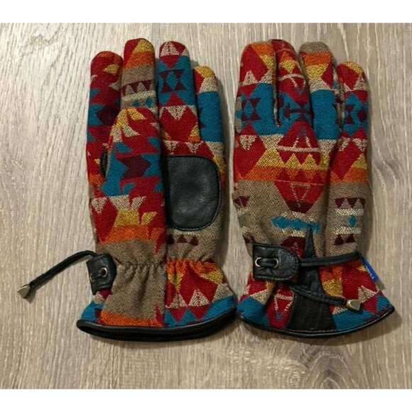 Pendleton Wool Lined Gloves S SouthWest Design With Leather Palm Leather Strap - Picture 2 of 5